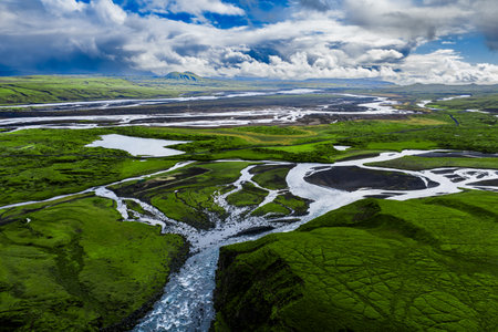 Aerial braided glacial river over Iceland highlands near Landmannalaugarの写真素材