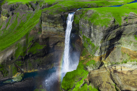 Aerial view of Haifoss waterfall and canyon in south central Icelandの写真素材
