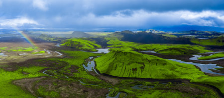 Aerial panorama of Icelandic highlands with rivers and lava fieldsの写真素材