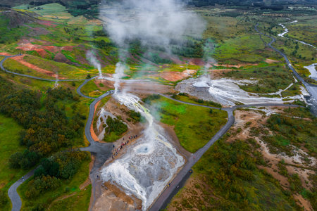 Aerial geothermal vents and terraces at Haukadalur, southwest Icelandの写真素材