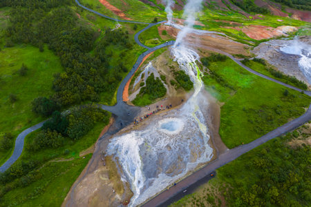 Aerial view of Geysir geothermal area in Haukadalur, Icelandの写真素材