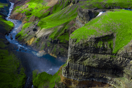 Aerial view of Sigoldugljufur canyon and turquoise river in Iceland
