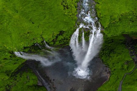 Aerial view of Seljalandsfoss waterfall in southern Iceland