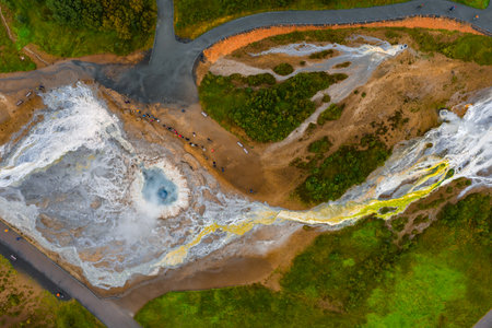 Aerial view of Geysir geothermal field in Icelands Golden Circleの写真素材