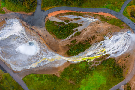 Aerial view of Geysir geothermal area in Icelands Golden Circleの写真素材