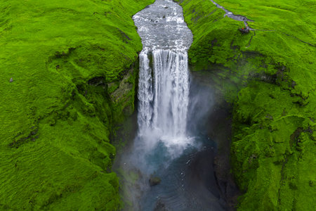 Aerial straight down view of Skogafoss waterfall in southern Icelandの写真素材