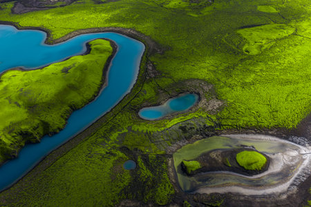 Aerial lakes and crater ring in Iceland Highlands near Landmannalaugarの写真素材