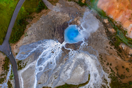 Aerial view of turquoise hot spring and silica veins in Icelandの写真素材