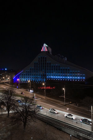 Aerial night view of National Library of Latviaの写真素材