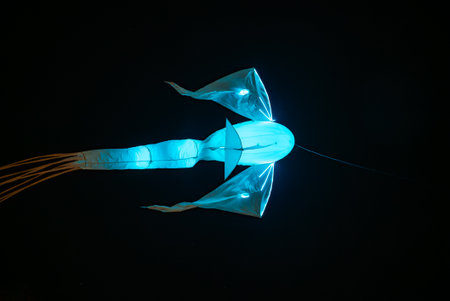 Cyan jellyfish like light installation in Riga, Latviaの写真素材