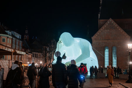 Nighttime light art installation by Riga Cathedral during Staro Rigaの写真素材