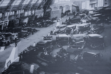 Early motor show in Riga Central Market hangar pavilion, 1900sの写真素材