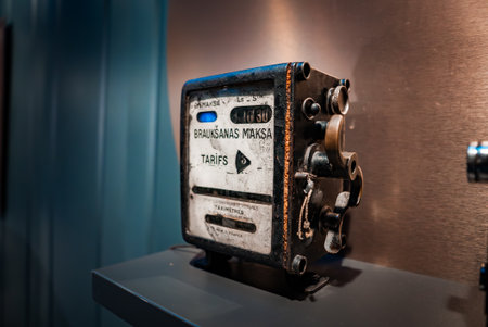Vintage taxi meter with Latvian faceplate in an auto museum displayの写真素材