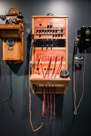 Antique telephone switchboard display in auto and technology museum
