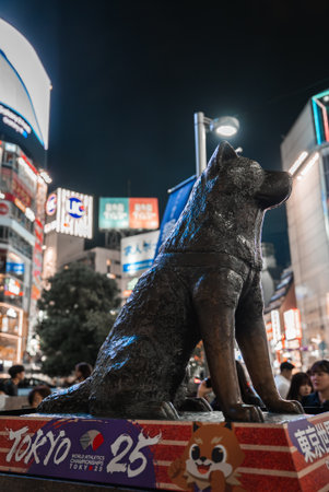 Hachiko statue at Shibuya Crossing amid neon and crowds in Tokyoの写真素材