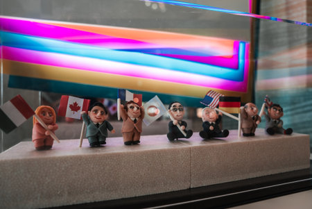 Miniature delegates with flags in a display case, Hiroshima exhibitの写真素材