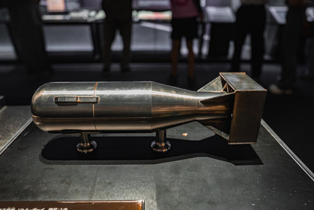 Metal model of Little Boy on pedestal at Hiroshima museum displayの写真素材