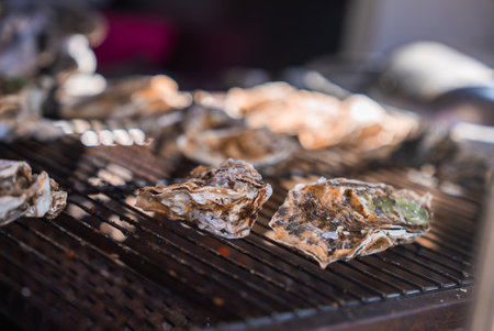 Grilled oysters on a metal grill near Itsukushima Island, Japanの写真素材