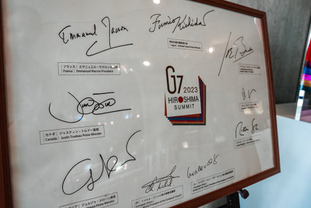Framed G7 2023 Hiroshima Summit emblem with leaders signaturesの写真素材