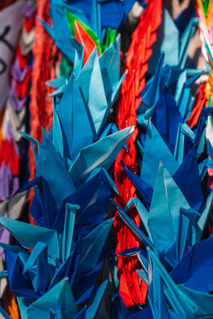 Colorful origami cranes at Hiroshima Peace Memorial sites in Japanの写真素材