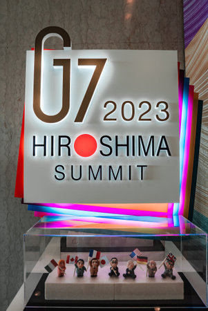 G7 2023 Hiroshima Summit sign with leader figurines and flagsの写真素材