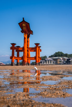 Vermilion torii at low tide on Itsukushima Island near Hiroshimaの写真素材