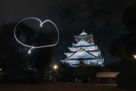 Night view of Osaka Castle with illuminated roofs and gold accentsの写真素材