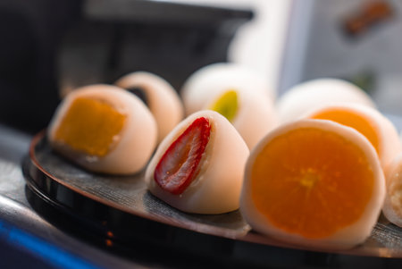 Close up of fruit filled daifuku mochi on a lacquered tray in Kyotoの写真素材