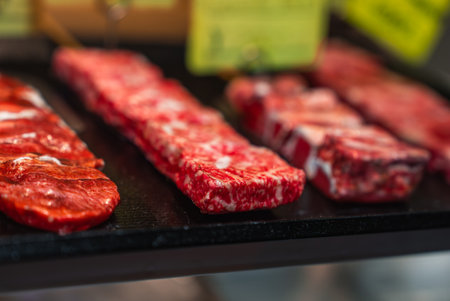 Richly marbled beef slices on black tray in Kyoto marketの写真素材