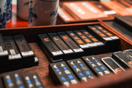 Close up of Japanese ink sticks in wooden display at shop in Naraの写真素材