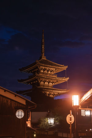 Kyoto Yasaka Pagoda glowing at night in Higashiyama districtの写真素材