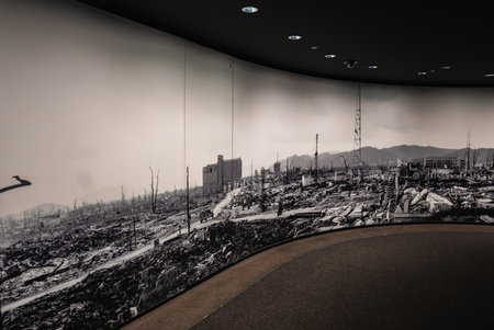 Curved gallery mural at Hiroshima Peace Memorial Museum shows ruinsの写真素材