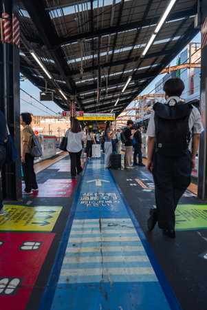Osaka railway platform with commuters and guidance lanes at dusk
