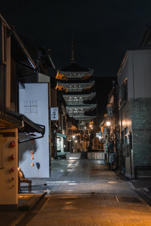 Night street in Kyoto leading to illuminated Yasaka Pagoda, Higashiyamaの写真素材