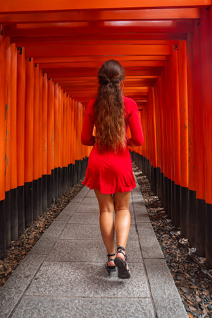 Visitor in vermilion torii tunnel at Fushimi Inari Taisha, Kyotoの写真素材