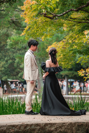 Elegant couple pose on stone ledge in park settingの写真素材