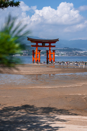 Vermilion torii at Itsukushima Shrine during low tide on Miyajimaの写真素材