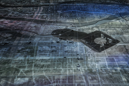 Projected map exhibit of central Hiroshima and atomic bombing impact zoneの写真素材