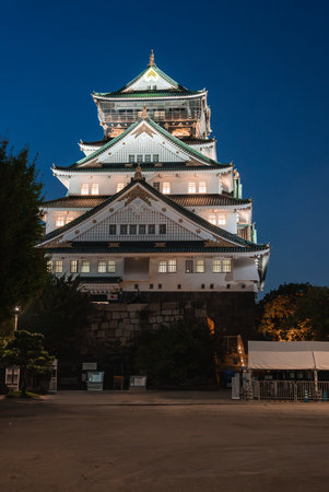 Night view of Osaka Castle donjon illuminated in Osaka, Japanの写真素材