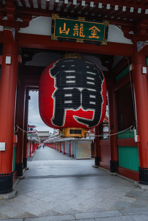 Kaminarimon at Sensozhi Temple gate and Nakamise dori in Asakusa Tokyoの写真素材