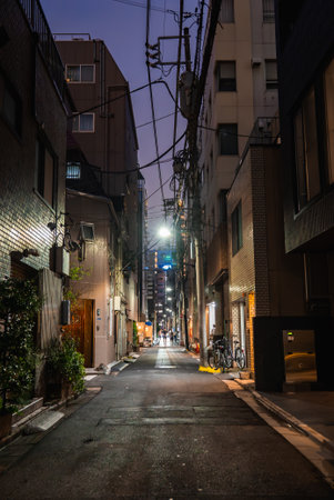 Tokyo backstreet at dusk with power lines, shops, and bicyclesの写真素材