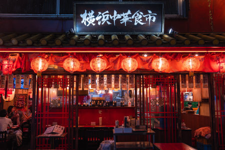 Tokyo Chinatown style eatery with red lanterns and latticeworkの写真素材