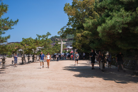 Pedestrian path to Itsukushima Shrine area on Miyajima Islandの写真素材