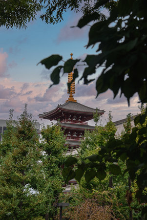 Pagoda with gold finial at Sensoji rises above trees in Asakusaの写真素材