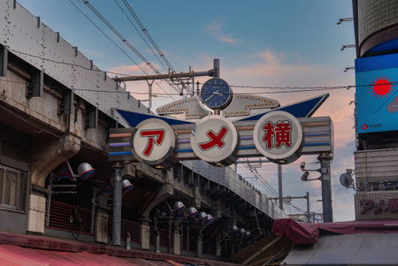 Ameyoko gate and clock at Ueno under elevated tracks in Tokyoの写真素材