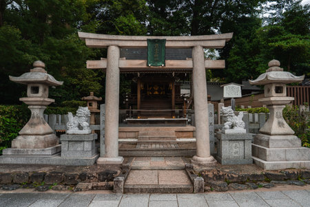Stone torii with komainu and lanterns at a Kyoto shrine entranceの写真素材