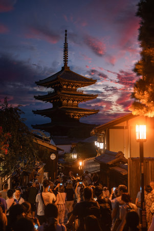 Evening crowd at Yasaka Pagoda, Higashiyama district, Kyoto, Japan