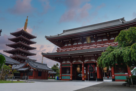 Senso ji Temple wide view with Hozomon gate and pagoda in Tokyoの写真素材