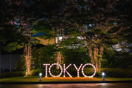Illuminated TOKYO sign with lit trees at a city venue entranceの写真素材