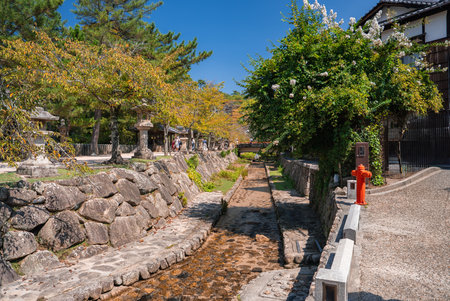 Stone lined stream and path on Itsukushima Island near Hiroshimaの写真素材